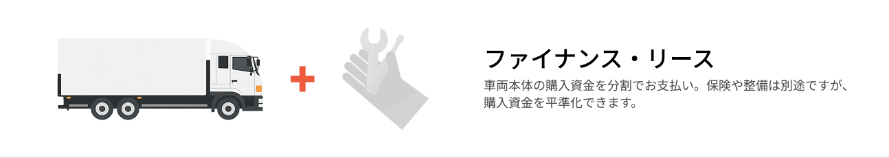 ファイナンス・リース  車両本体の購入資金を分割でお支払い。保険や整備は別途ですが、購入資金を平準化できます。