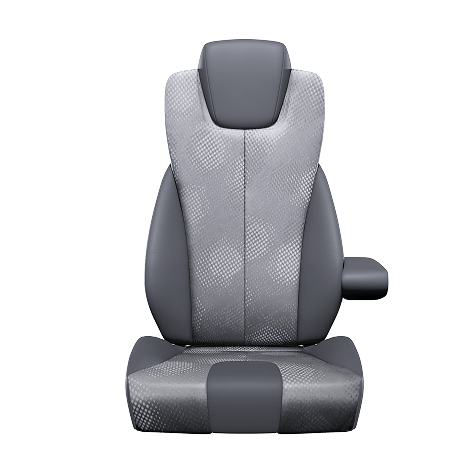 Tempat duduk kereta berwarna kelabu dengan sandaran kepala dan satu perehat tangan.