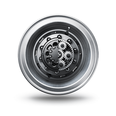 Metal gear system with multiple interlocking gears inside a circular frame.