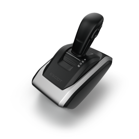 Black and silver gear shifter with digital display, angled view on white background.