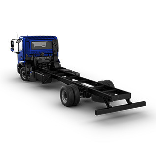 Blue truck cab with exposed black chassis, viewed from the rear side angle.