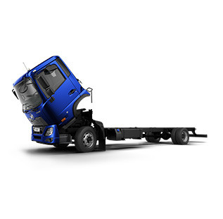 Blue cab-over truck with tilted cab, chassis exposed, on white background.