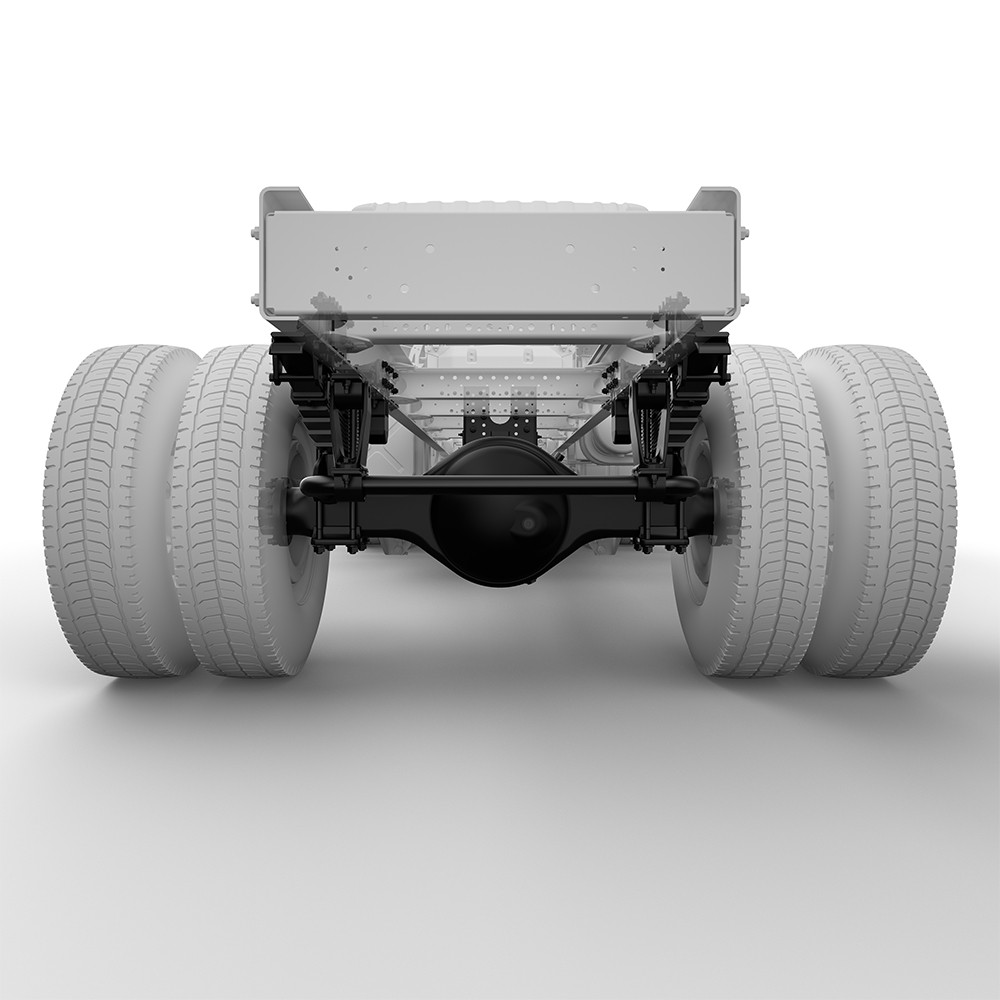 Truck rear axle and suspension viewed from behind, with four large tires.