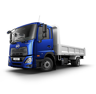 Blue flatbed truck with a modern cab on a white background.