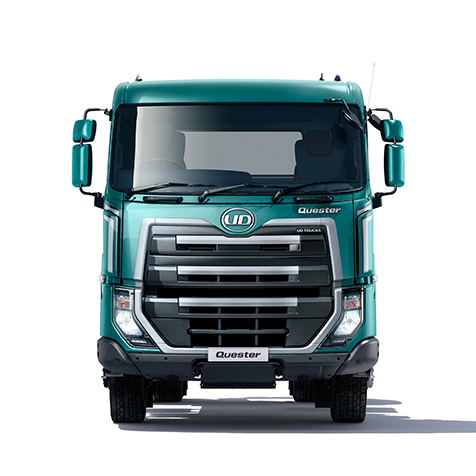 รถบรรทุกสีเขียวมองตรงจากด้านหน้า พื้นหลังสีขาว