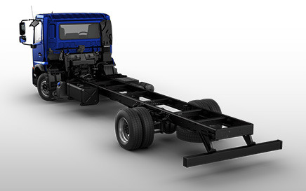 Blue commercial truck chassis facing away in a clean studio setting.