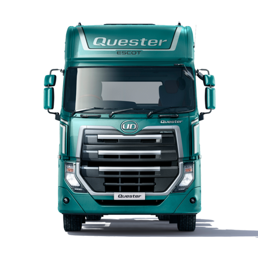 Green Quester truck viewed from the front.
