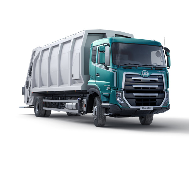 Green and white garbage truck on a white background.