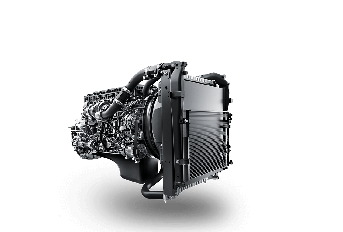 Enjin kereta moden berwarna hitam dengan radiator di sebelah kanan.